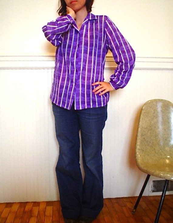 Vintage 1980s Purple Striped Secretary Blouse Top - image 1