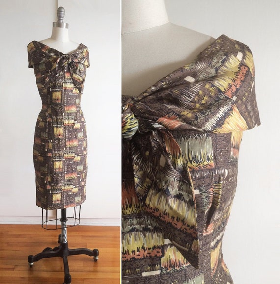 Vintage 1950s Sheath Dress w/ Bow Tie Portrait Col