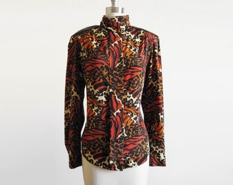 Animal Print Blouse / 80s Leather Epaulettes