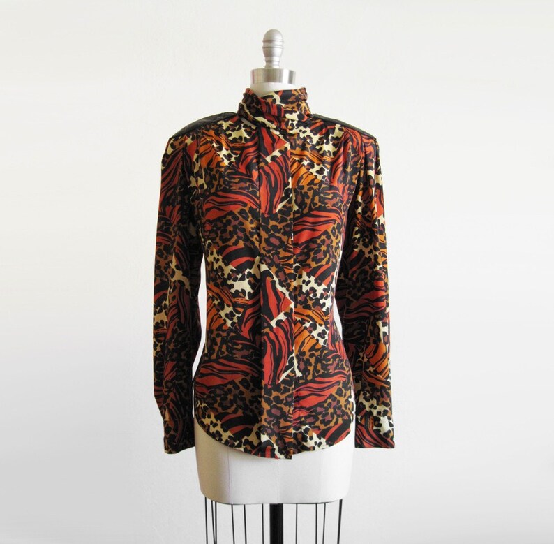 Animal Print Blouse / 80s Leather Epaulettes image 1