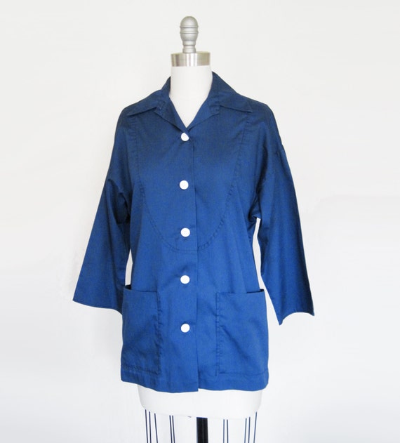 Vintage 70s Workwear Tunic Shirt in Dark Blue sz … - image 1