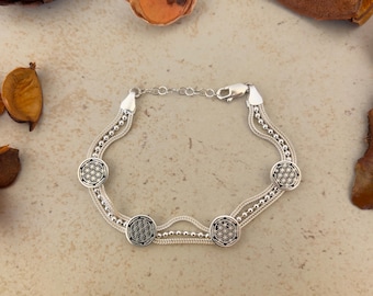 Handmade Sterling Silver Beaded Bracelet: Sacred Geometry Helm Motif