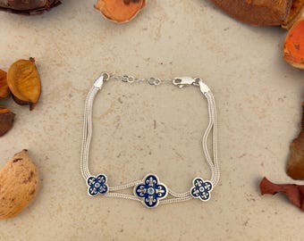 Handmade Sterling Silver Clover Bracelet: Anatolian Floral Jewelry