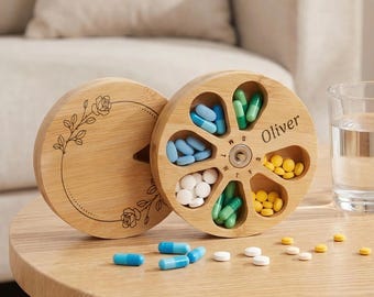 Organizador de pastillas portátil de madera para el Día de la Madre, separador de medicamentos, recipiente para vitaminas, pastillero semanal para uso diario, estuche de bolsillo para pastillas