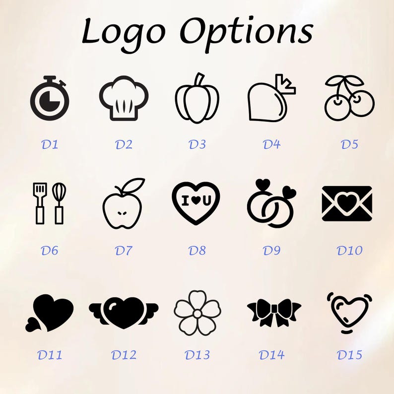 K&ouml;nnte beinhalten: Eine Sammlung von 15 schwarz-wei&szlig;en Logo-Optionen, darunter eine Stoppuhr, eine Kochm&uuml;tze, eine Paprika, Kirschen, Utensilien, ein Apfel, ein Herz, Eheringe, ein Umschlag und verschiedene Herz- und Blumendesigns. Der Text "Logo Options" steht oben.