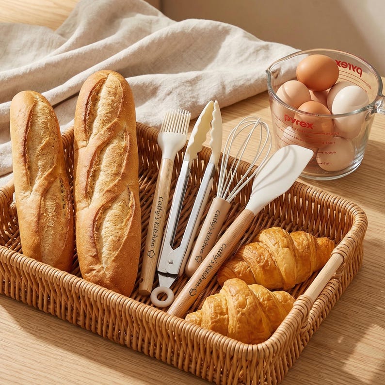 K&ouml;nnte beinhalten: Ein Weidenkorb enth&auml;lt zwei Baguettes, Croissants und Backutensilien. Die Werkzeuge umfassen einen Pinsel, eine Zange, einen Schneebesen und einen Spatel. Ein Pyrex-Messbecher mit Eiern befindet sich im Hintergrund. Die Werkzeuge tragen die Aufschrift "Cathy's Kitchen".