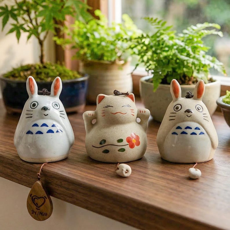 May include: Three ceramic figurines: a white rabbit-like creature, a tan cat-like figure, and another white rabbit-like creature. The rabbit figures have blue patterns and the cat has a red flower design. They are on a wooden surface near potted plants.