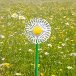 Puede incluir: Una margarita blanca con centro amarillo y tallo verde, sobre un fondo borroso de un campo de margaritas y flores silvestres. Los pétalos de la margarita están intrincadamente diseñados. La imagen se centra en la margarita.