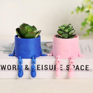 May include: Two small, smiling planters, one blue and one pink, each holding a faux succulent. The planters have attached legs and are sitting on a book. The text on the book reads "WORK & LEISURE SPACE."