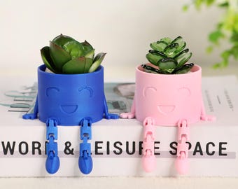 3D Printed Plant Pot with Flexible Legs, Smiley Face Small Pot, Desk Decor, Articulated Sitting Toy, Gift for Plant Lovers, Birthday Gift