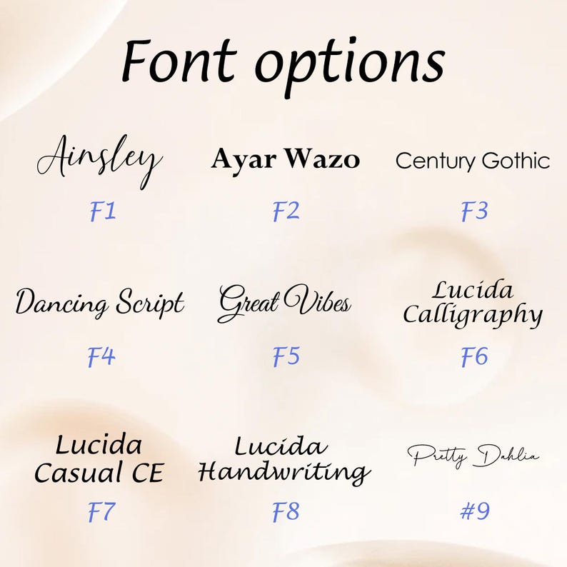 K&ouml;nnte beinhalten: Grafik mit Schriftoptionen. Der Text "Font options" steht oben. Darunter sind Beispiele f&uuml;r verschiedene Schriftarten wie Ainsley, Ayar Wazo, Century Gothic, Dancing Script, Great Vibes, Lucida Calligraphy, Lucida Casual CE, Lucida Handwriting und Pretty Dahlia.