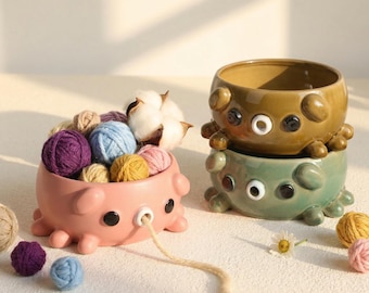 Regalo para el Día de la Madre, Regalo hecho a mano, Bol de cerámica personalizado para lana, Bol para guardar lana, Regalos para tejedores, Suministros para ganchillo