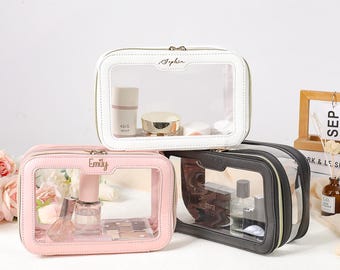 Trousse à maquillage personnalisée, trousse en cuir personnalisée, cadeaux monogrammes pour elle-cadeau de demoiselle d'honneur, trousse à cosmétiques transparente, accessoires de beauté, cadeau d'anniversaire