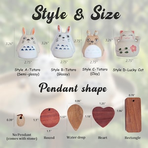 May include: An image showcasing ceramic Totoro figurines and wooden pendants. The Totoro figures are approximately 3.26 inches tall and 2.75 inches wide, with different styles. The pendants include round, water drop, heart, and rectangle shapes, with varying dimensions.