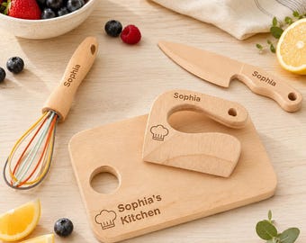 Toddler Gift,Kids Cooking Set, Custom Chef Board, Kitchen Toy, Kids Wooden Knife, Fruit Cutter Kids, Children's Utensils, Toddler Toys