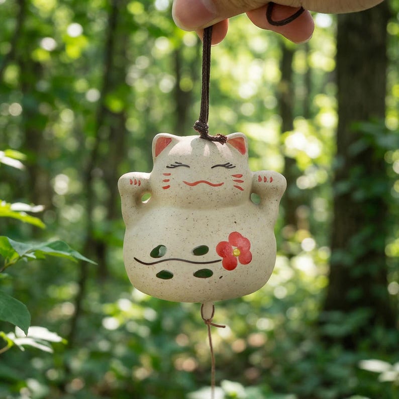 May include: A ceramic Maneki Neko wind chime, cream-colored with red accents. The cat figurine has raised paws and a smiling face. A red flower and green leaves decorate the body. The chime hangs from a brown string.