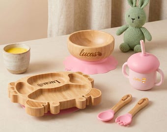 Regalo para padres primerizos, regalo para la alimentación del bebé, colección de vajilla para bebés, set de alimentación para bebés personalizado, plato de cangrejo de bambú con tenedor y cuchara de silicona.