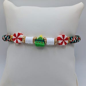 Handmade Christmas Polymer Clay Bracelet: Peppermint Candy & Tree Charms