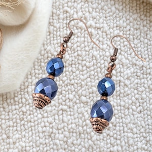 Denim Blue Crystal Drop Earrings: Antique Copper, Handmade Jewelry