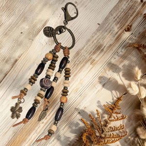 Boho Bag Charm: Antique Brass, Leather, Wood Bead Keychain