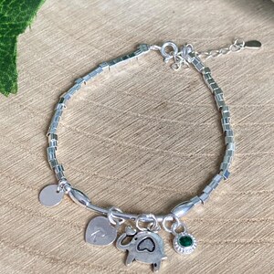 Sterling Silver Elephant Charm Bracelet: Personalized Initial & Birthstone