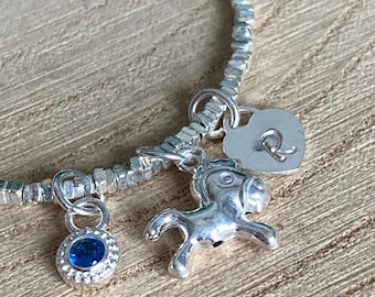 Personalized Sterling Silver Pony Charm Bracelet Initial & Birthstone Little Horse