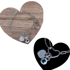 Pulsera de corazón personalizada en plata de ley 925 con inicial y piedra de nacimiento, ideal como regalo para dama de honor, amiga, niña o adolescente.