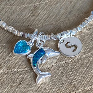 May include: Silver bracelet featuring a dolphin charm, a heart charm, and a disc charm with the letter "S". The dolphin and heart charms have blue detailing. The bracelet is on a wooden surface.