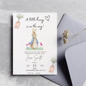 Charming Editable Peter Rabbit Baby Shower Invitation, Minimalist Bunny Design for baby boy