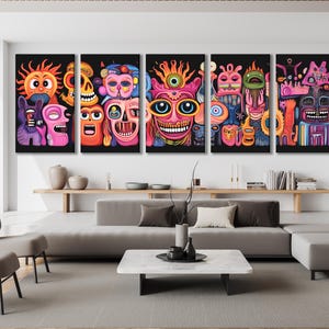 Arte en lienzo con caras abstractas y caprichosas: arte de personajes vibrantes con expresiones únicas: decoración de pared de arte pop audaz para espacios hogareños eclécticos