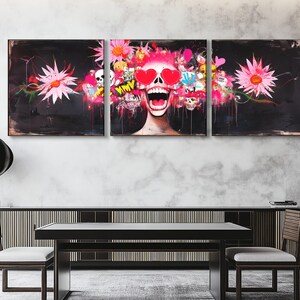 Graffiti Skull with Flowers Art Print - Edgy Street Art Skull with Heart Eyes and Bold Pink Daisies, Unique Pop Art Canvas Print Wall Decor