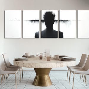 Impressão de arte de silhueta monocromática abstrata - Retrato minimalista em preto e branco com pinceladas texturizadas, impressão em tela de decoração de parede moderna