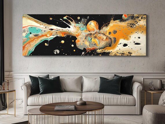 Turquoise & Saffron Galaxy Canvas – Hand-Poured Abstract Space Art, Gold Fluid Painting, Modern Boho Statement for Living Room Walls