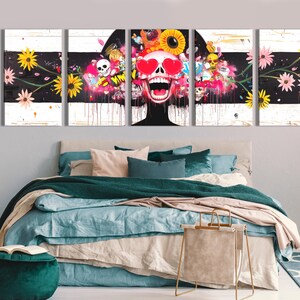 Graffiti Skull with Heart Eyes and Floral Art Print - Vibrant Street Art with Daisies and Pop Culture Element, Unique Urban Decor Canvas Art