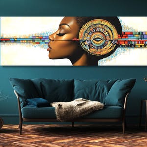 Afrocentric Abstract Portrait Canvas Art - Vibrant African Woman with Geometric Patterns, Cultural Wall Art, Modern Home Decor