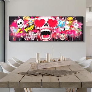 Graffiti Skull Art with Heart Eyes Art Print - Vibrant Pop Art Skull with Urban Graffiti Elements, Bold Street Style Canvas Print Wall Decor