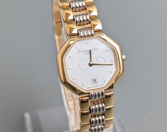 Relógio feminino Christian Dior D48-133 bicolor dourado e prateado, modelo octogonal, quartzo, década de 1990, 25 mm