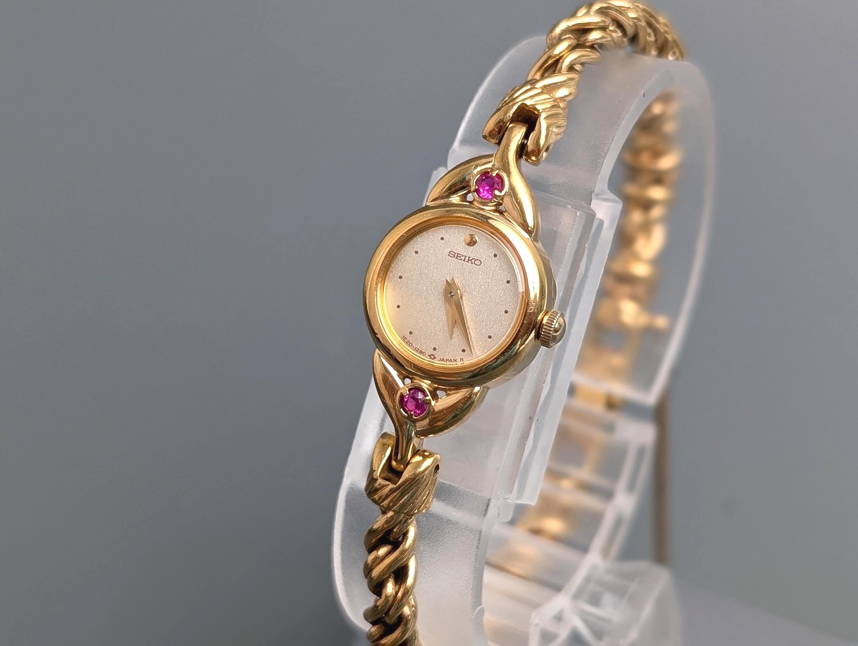 Vintage SEIKO 1E20-0430 Pink Stone Quartz Gold Plated Women's