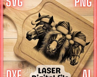 Caballo navideño / Archivo de grabado láser PNG SVG Posavasos, Tabla de charcutería, Tabla de cortar / LightBurn, Glowforge, Xtool, LP5.