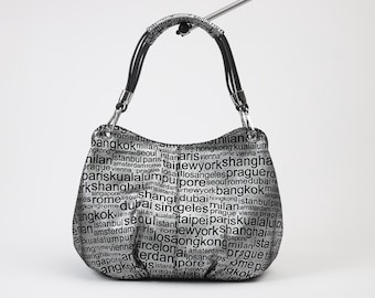 Black and Silver Colour Bag - City Names Style Real Leather Bag - 4037 , Tote Bag , Trendy and Stylish , Everyday Bag , Gift , Handmade
