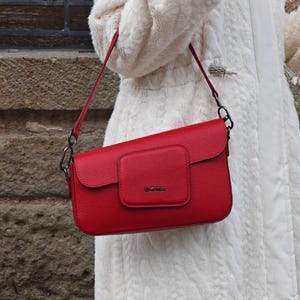 Red Colour Real Leather Bag - 40414 , Shoulder Bag and Top Handle Bag with Shoulder Strap , Zippered and Magnetic Closure Bag