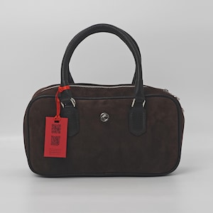 Sac à main et sac à bandoulière en daim marron - Cuir véritable, bandoulière, modèle 40445, sac avec poignée sur le dessus, cadeau, sac pour femme, sac à fermeture éclair