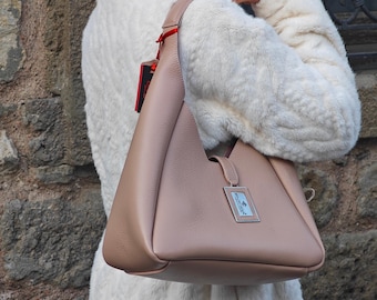 Rose Gold Real Leather Bag - 40400 with Make-Up Bag , Hand-Shoulder Bag Together , Multi-Purpose and with Magnetic Closure and Zippered
