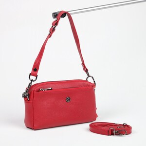 Bolso de piel auténtica color rojo - 40125 con bandolera, cierre de cremallera en 3 partes, bandolera, bolso de hombro, regalo, bolso con asa superior