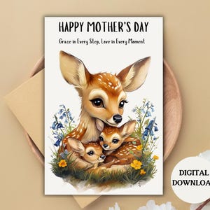 Moederdagkaart Mama Deer – afdrukbare kaart Woodland Deer – zachte digitale downloadgroet voor moeder – 4 x 6 pdf