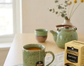 Handmade Celadon Ceramic Mug | Moss Green Speckled Stoneware