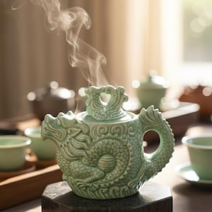 Op de afbeelding: Een lichtgroene keramische theepot met een drakenontwerp, waar stoom uit komt. De theepot staat op een donkere, zeshoekige basis, met andere theesets op de achtergrond. De theepot heeft een handvat en een deksel met een hartvormige opening.