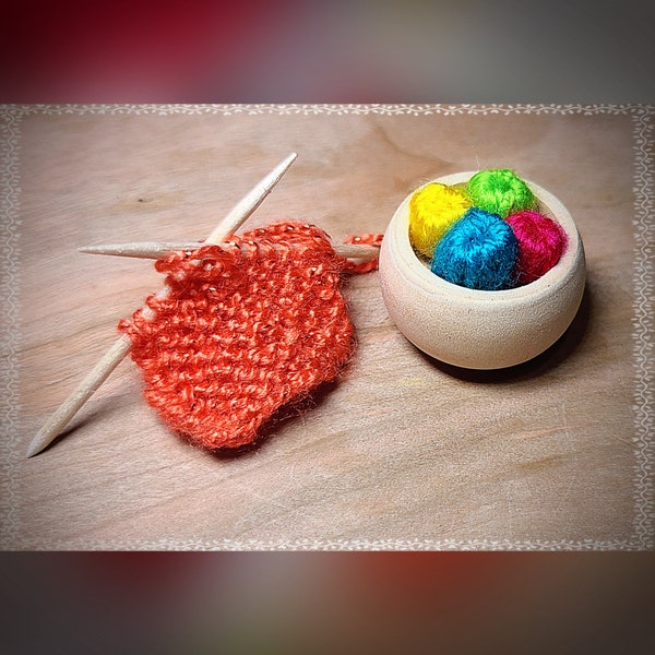 Miniature Knitting Basket and Knitted Project, Mini Yarn Skeins , Mini Yarn Basket, Mini Wooden Basket, Dollhouse Knitting Basket 1:12 scale