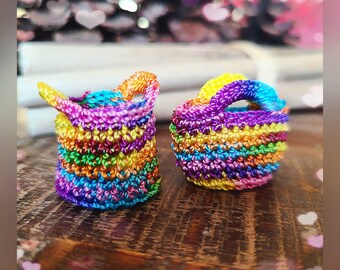 Miniature Knitted Rainbow Baskets, Dollhouse Fairy Garden Totes