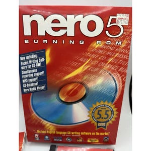 May include: A red box for Nero 5 Burning Room software. The box features the Nero 5 logo, a CD, and text highlighting features like packet writing software, MP3 support, and a CD database. The box also states it is the best English language CD writing software.